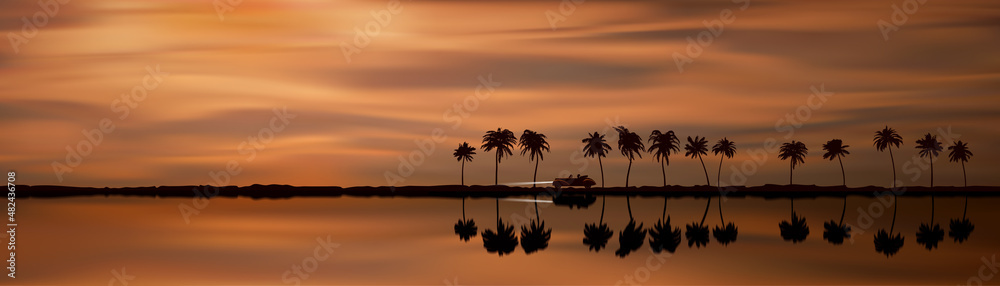 Palm trees silhouette and coast line vector illustration