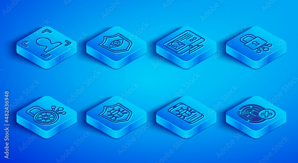 Set line Face recognition, Shield and eye, Create account screen, System bug, mobile, Cyber security, and Cancelled fingerprint icon. Vector Set line Face recognition, Shield and eye, Create account screen, System bug, mobile, Cyber security, and Cancelled fingerprint icon. Vector