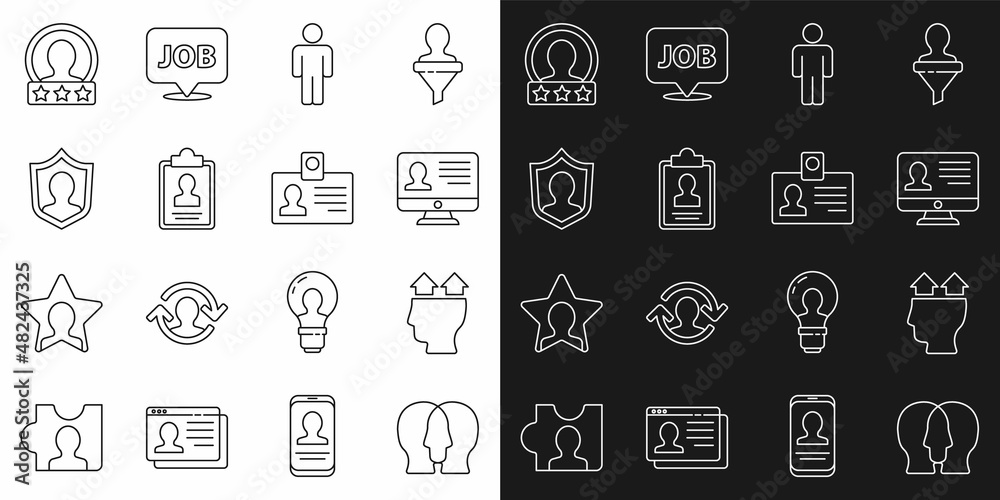 Set line Project team base, User of man, Monitor with resume, Clipboard, protection, Create account screen and Identification badge icon. Vector