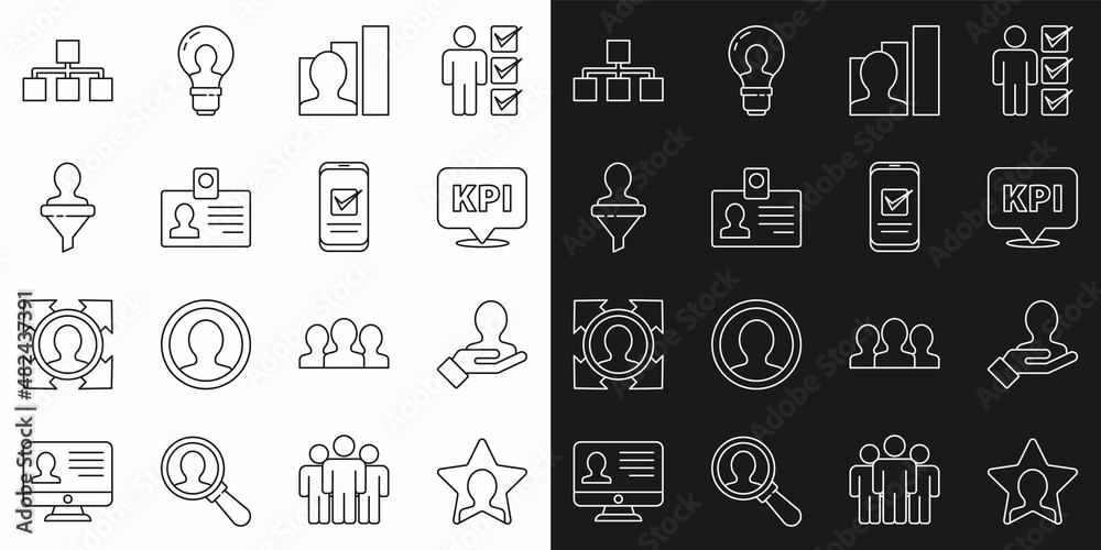 Set line Head hunting, Hand for search people, Key performance indicator, Productive human, Identification badge, Hierarchy organogram chart and Smartphone icon. Vector