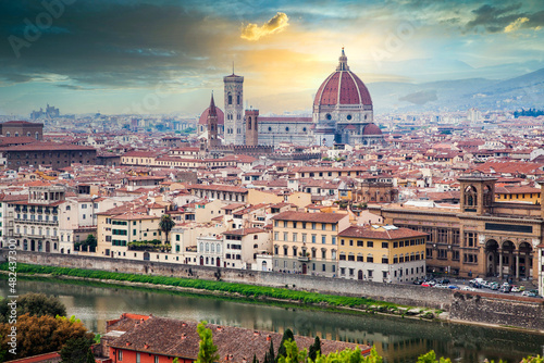 scenic view over Florence with the Cathedral of Santa Maria del Fiore (Duomo) from Piazzale Michelangelo  Firenze  Italy - panorama © Melinda Nagy