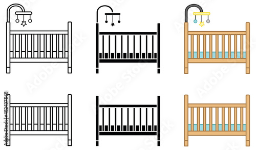 Baby Crib with Mobile Clipart Set - Outline, Silhouette and Color