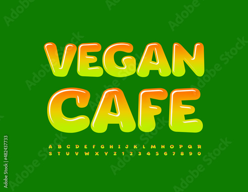 Vector trendy sign Vegan Cafe with Gradient color Font. Funny shiny Alphabet Letters and Numbers set