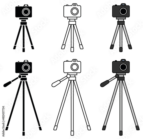 Tripod with Camera Clipart Set - Outline, Silhouette and Color