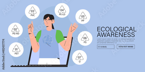 Ecofriendly activist or teacher on laptop screen speak about the importance or right waste sorting and resycle. Recycle and sustainable lyfestyle online seminar or conference call banner, web page.