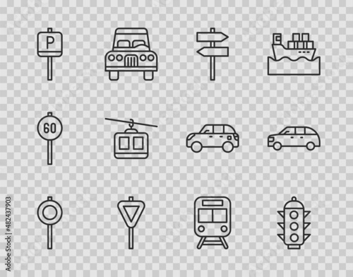 Set line Road traffic signpost, Traffic light, Parking, Cable car, Train and railway and Hatchback icon. Vector