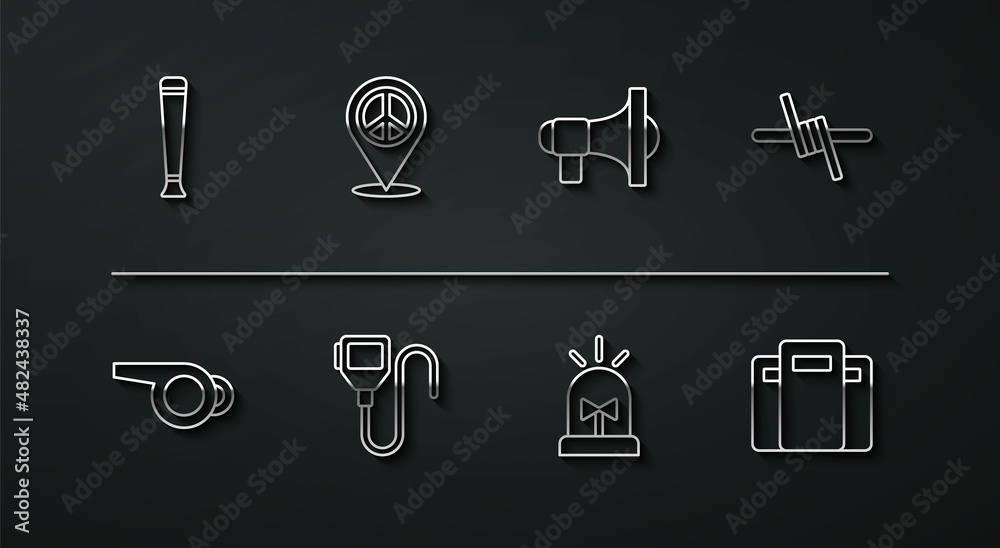 Set line Police rubber baton, Whistle, Barbed wire, Flasher siren, Walkie talkie, Location peace, assault shield and Megaphone icon. Vector