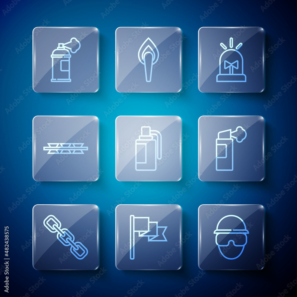 Set line Chain link, Location marker, Special forces soldier, Flasher siren, Hand grenade, Barbed wire, Paint spray can and Pepper icon. Vector Set line Chain link, Location marker, Special forces soldier, Flasher siren, Hand grenade, Barbed wire, Paint spray can and Pepper icon. Vector