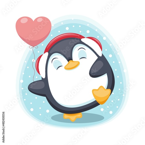 Cute chubby penguin with heart shaped balloon and headphones dancing on the snowy background. Vector illustration.