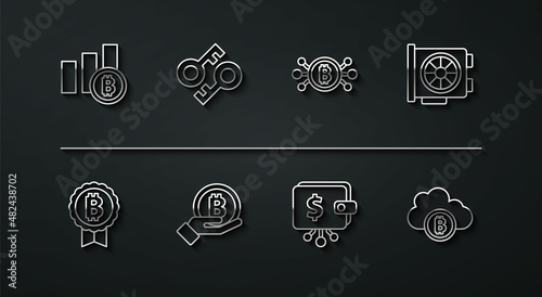 Set line Pie chart infographic bitcoin, Bitcoin, Video card, Cryptocurrency wallet, Hand holding, key, cloud mining and circuit icon. Vector