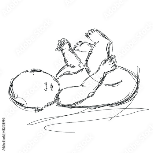 Vector illustration of a newborn. Handdrawing of a baby, an infant. Abtract black and white illustration, line art. Sketch, linear drawing. Ink poster. Minimalistic, trendy.