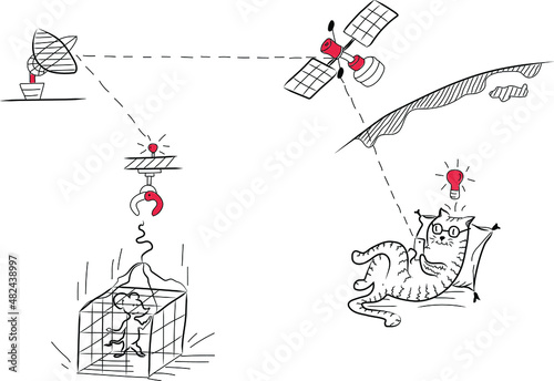 Concept IT service, business strategy, innovation. Analysis data and Investment. The cat uses the latest technology to catch a mouse. Vector illustration
