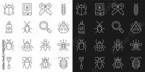 Set line Larva insect, Mosquito, Ladybug, Butterfly, Cockroach, Spray against insects, Mite and Magnifying glass icon. Vector