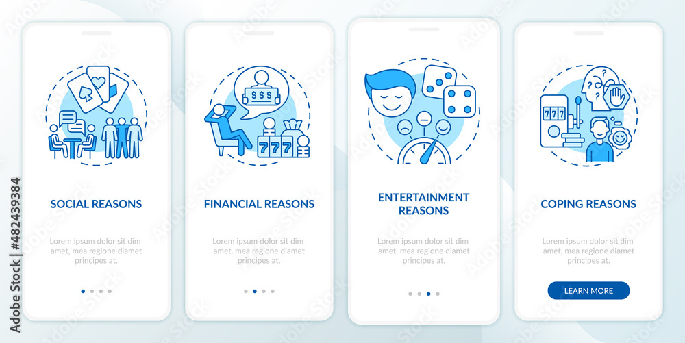 Reasons to gamble blue onboarding mobile app screen. Compulsive walkthrough 4 steps graphic instructions pages with linear concepts. UI, UX, GUI template. Myriad Pro-Bold, Regular fonts used