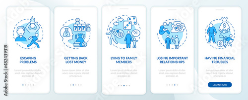 Symptoms of compulsive gambling blue onboarding mobile app screen. Walkthrough 5 steps graphic instructions pages with linear concepts. UI, UX, GUI template. Myriad Pro-Bold, Regular fonts used