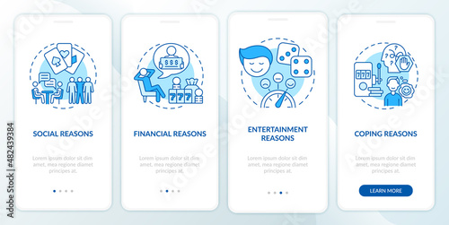 Reasons to gamble blue onboarding mobile app screen. Compulsive walkthrough 4 steps graphic instructions pages with linear concepts. UI, UX, GUI template. Myriad Pro-Bold, Regular fonts used