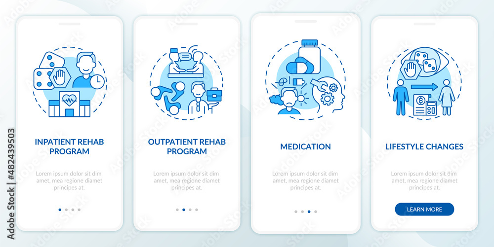 Gambling addiction treatment blue onboarding mobile app screen. Rehab walkthrough 4 steps graphic instructions pages with linear concepts. UI, UX, GUI template. Myriad Pro-Bold, Regular fonts used