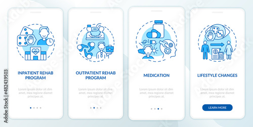 Gambling addiction treatment blue onboarding mobile app screen. Rehab walkthrough 4 steps graphic instructions pages with linear concepts. UI, UX, GUI template. Myriad Pro-Bold, Regular fonts used