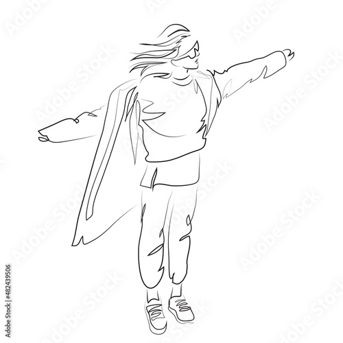 Abstract fashion vector illustration of abstract young woman wearing casual off-season urban clothes, quick sketch