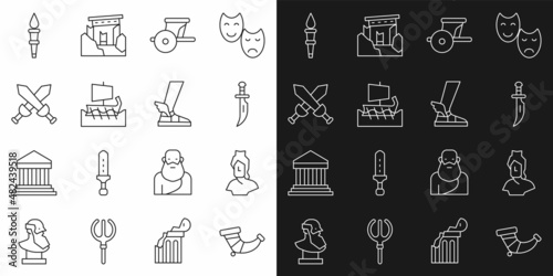 Set line Hunting horn, Ancient bust sculpture, Dagger, chariot, Greek trireme, Crossed medieval sword, Torch flame and Hermes sandal icon. Vector