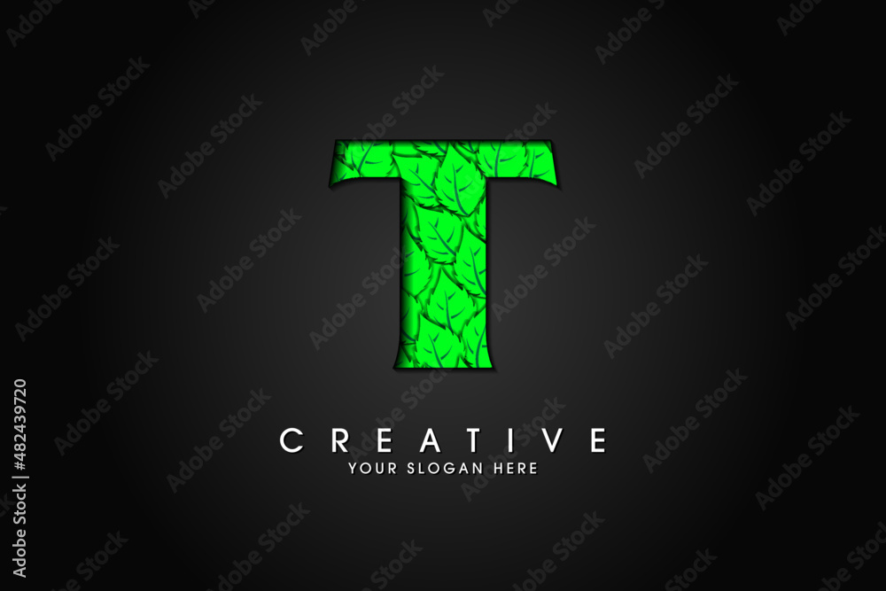 Fototapeta premium T initial letter logo with leaves. Ecological font. Green Leaves font. Vector illustration.