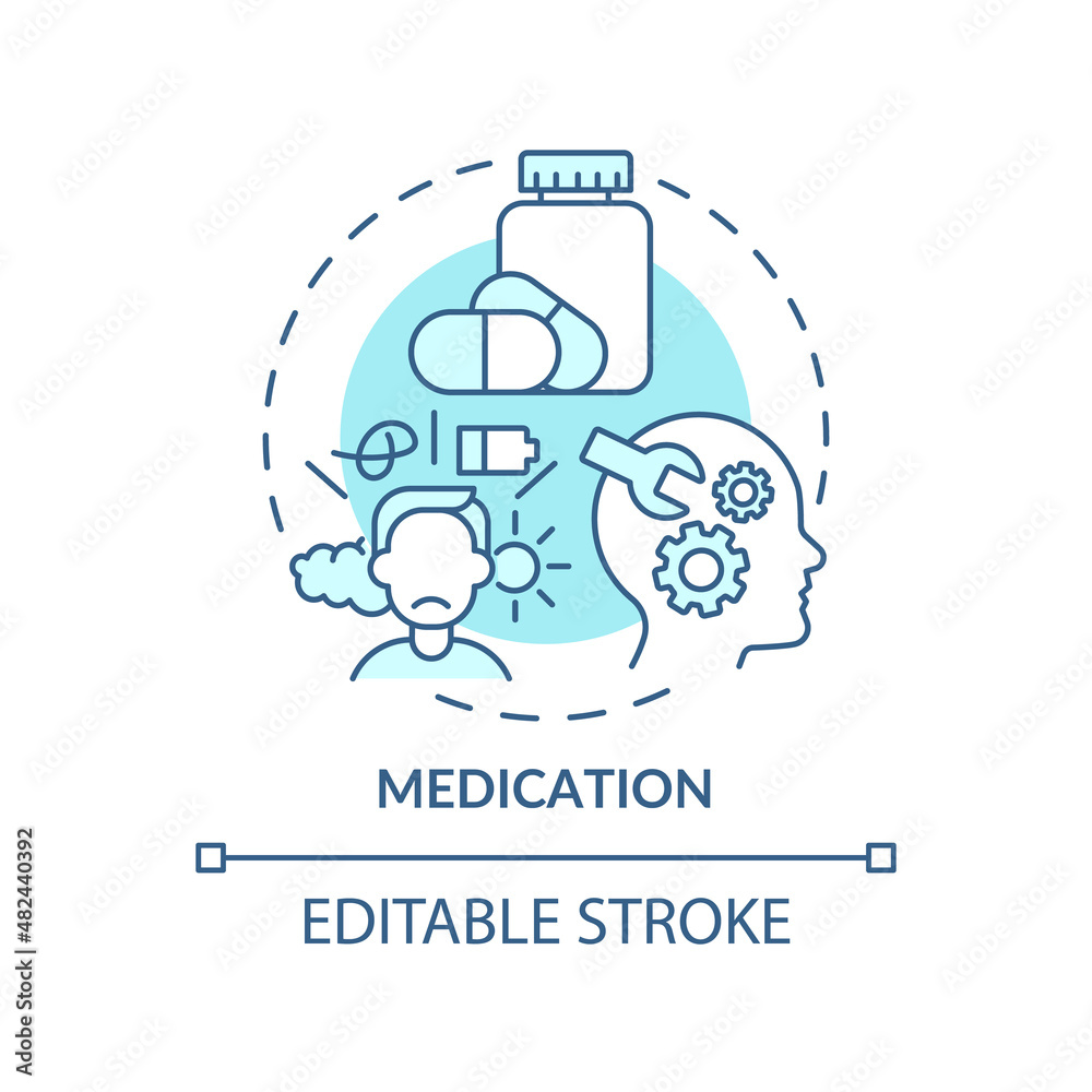 Medication turquoise concept icon. Mental health. Compulsive gambling treatment abstract idea thin line illustration. Isolated outline drawing. Editable stroke. Arial, Myriad Pro-Bold fonts used Medication turquoise concept icon. Mental health. Compulsive gambling treatment abstract idea thin line illustration. Isolated outline drawing. Editable stroke. Arial, Myriad Pro-Bold fonts used