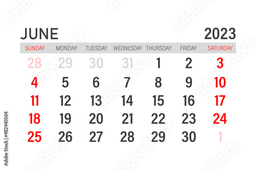 June 2023 calendar template. Layout for June 2023. Printable monthly planner. Desk calendar design. Start of the week on Sunday.