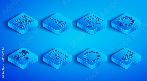 Set line Vinyl player with vinyl disk, Balalaika, Music note, tone, book, Dial knob level, Tambourine, Musical tuning fork and Trumpet icon. Vector