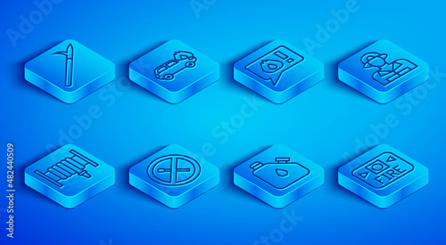 Set line Metal pike pole, Burning car, Telephone call 911, No fire match, Canister fuel, Firefighter, hose reel and alarm system icon. Vector