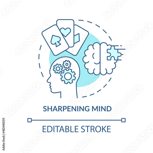Sharpening mind turquoise concept icon. Brain training. Gambling positive traits abstract idea thin line illustration. Isolated outline drawing. Editable stroke. Arial, Myriad Pro-Bold fonts used