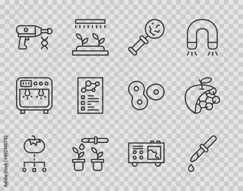 Set line Genetically modified food, Pipette, Microorganisms under magnifier, and plant, Transfer liquid gun, Clinical record, Spectrometer and Biological structure icon. Vector