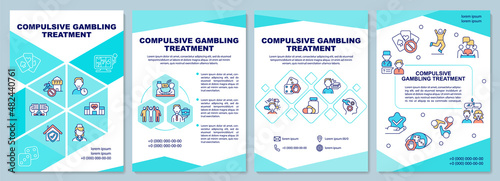 Compulsive gambling treatment turquoise brochure template. Booklet print design with linear icons. Vector layouts for presentation, annual reports, ads. Arial-Black, Myriad Pro-Regular fonts used