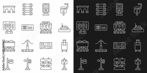 Set line Train traffic light, Suitcase, Plate with food, Information stand, QR code ticket train, Ticket office to buy tickets, Bridge and Restaurant icon. Vector