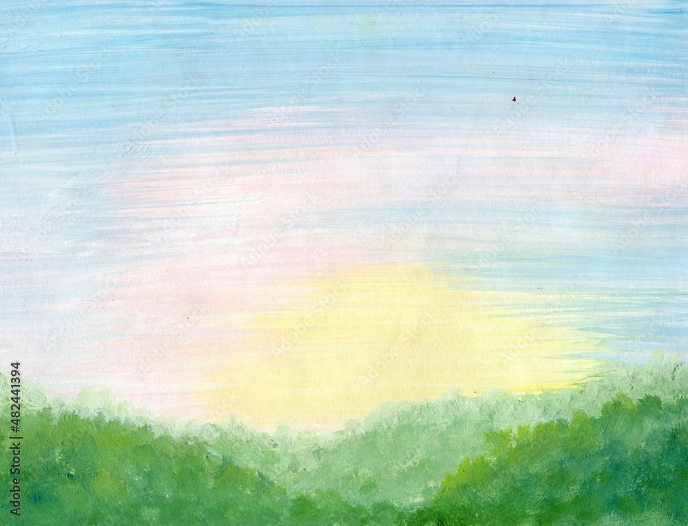 Fototapeta premium Early sunny morning, gentle landscape with fog. Landscape painted with paints, horizontal background