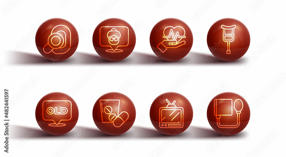 Set line Hearing aid, Nursing home, Crutch or crutches, Retro tv, Medicine pill tablet, Blood pressure and Heart rate icon. Vector Set line Hearing aid, Nursing home, Crutch or crutches, Retro tv, Medicine pill tablet, Blood pressure and Heart rate icon. Vector