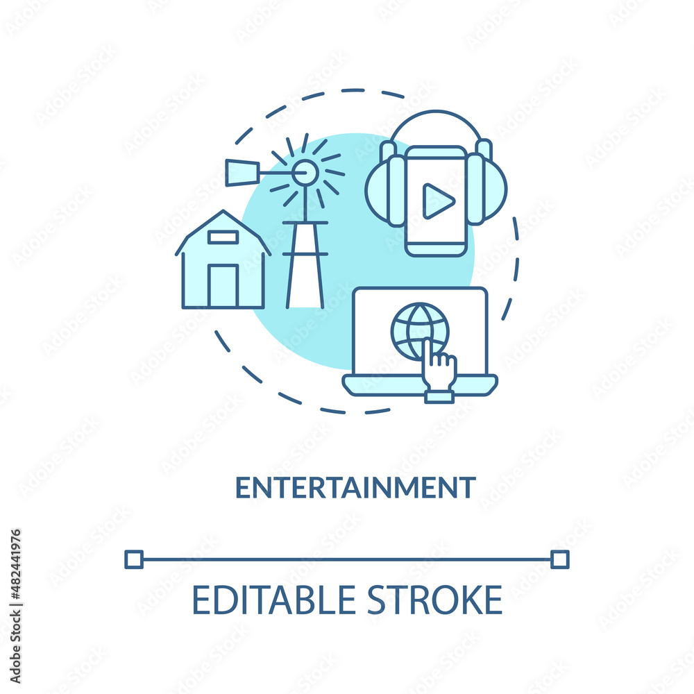 Entertainment turquoise concept icon. Rural electrification. Energy services abstract idea thin line illustration. Isolated outline drawing. Editable stroke. Roboto-Medium, Myriad Pro-Bold fonts used