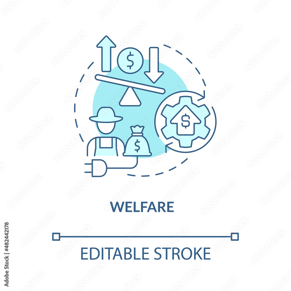 Welfare turquoise concept icon. Life quality improvement. Electrification abstract idea thin line illustration. Isolated outline drawing. Editable stroke. Roboto-Medium, Myriad Pro-Bold fonts used