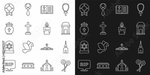 Set line Flower, Church building, Old crypt, Holy bible book, Grave with cross, Funeral urn, Memorial wreath and Burning candle icon. Vector