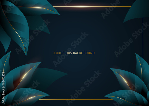 Luxurious abstract leaves with golden frame