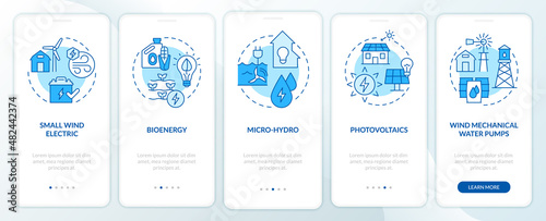 Rural electrification technology blue onboarding mobile app screen. Walkthrough 5 steps graphic instructions pages with linear concepts. UI, UX, GUI template. Myriad Pro-Bold, Regular fonts used
