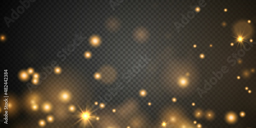 Christmas background. Powder PNG. Magic shining gold dust. Fine  shiny dust bokeh particles fall off slightly. Fantastic shimmer effect.  