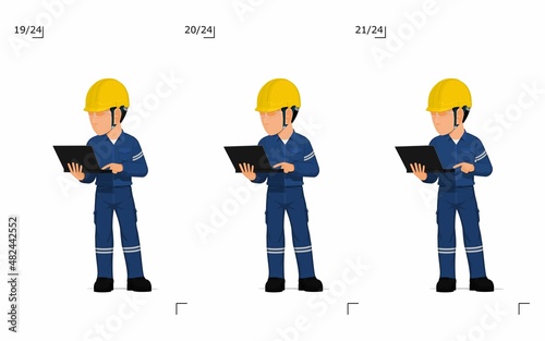 An industrial worker with laptop is explaining something on white background
