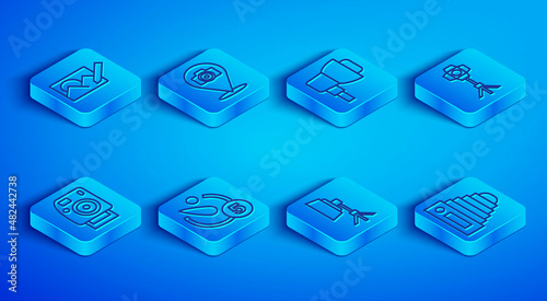 Set line Photo retouching, camera, Softbox light, Camera timer, and icon. Vector