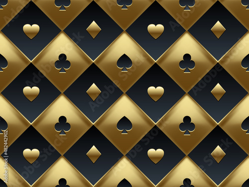 Black and gold seamless pattern fabric poker table. Luxury casino vector 3d background with texture composed from volume card symbol texture