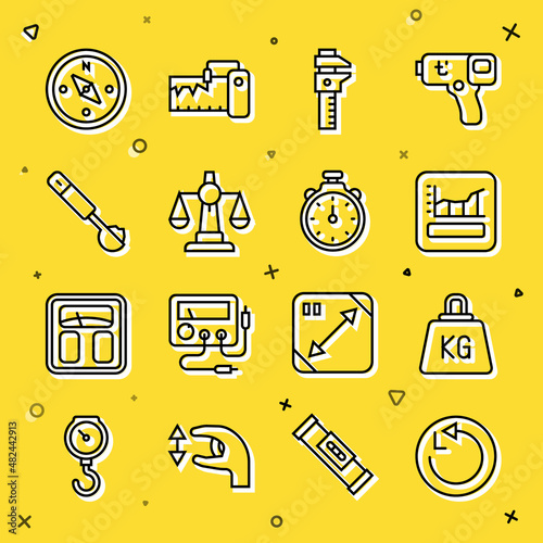 Set line Radius, Weight, Graph, schedule, chart, diagram, Calliper or caliper and scale, Scales of justice, Measuring spoon, Compass and Stopwatch icon. Vector