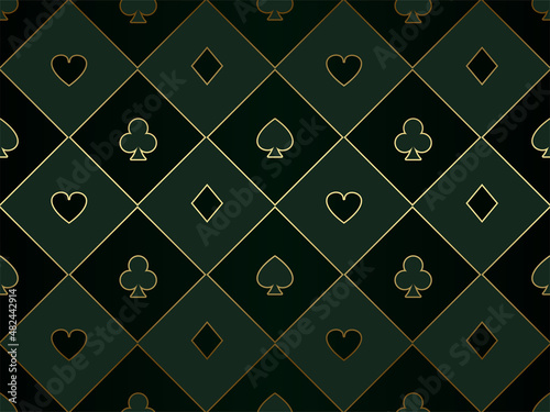 Black and green seamless pattern fabric poker table. Minimalistic casino vector background with golden line poker card symbol texture