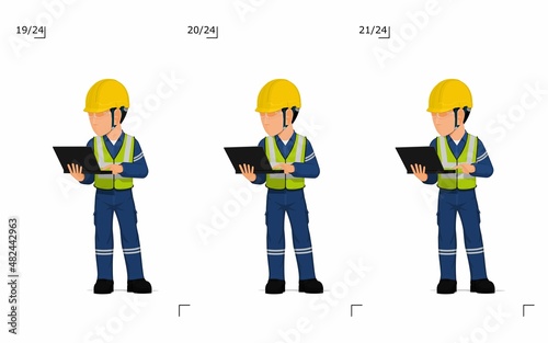 An industrial worker with laptop is explaining something on white background