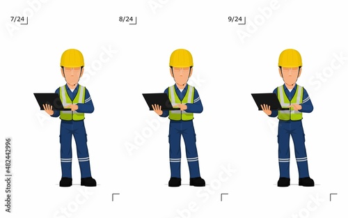 An industrial worker with laptop is explaining something on white background