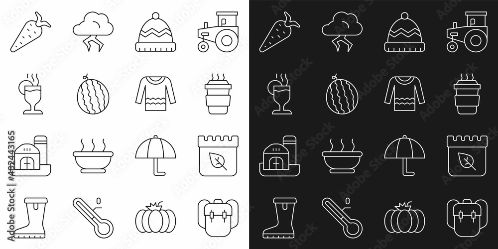 Set line School backpack, Calendar with autumn leaves, Coffee cup to go, Winter hat, Watermelon, Mulled wine, Carrot and Sweater icon. Vector
