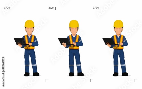 An industrial worker with laptop is explaining something on white background